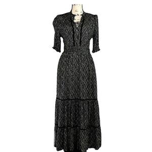 Roan + Ryan Black White Floral Maxi Dress Smocked Waist Velvet Trim Boho Medium